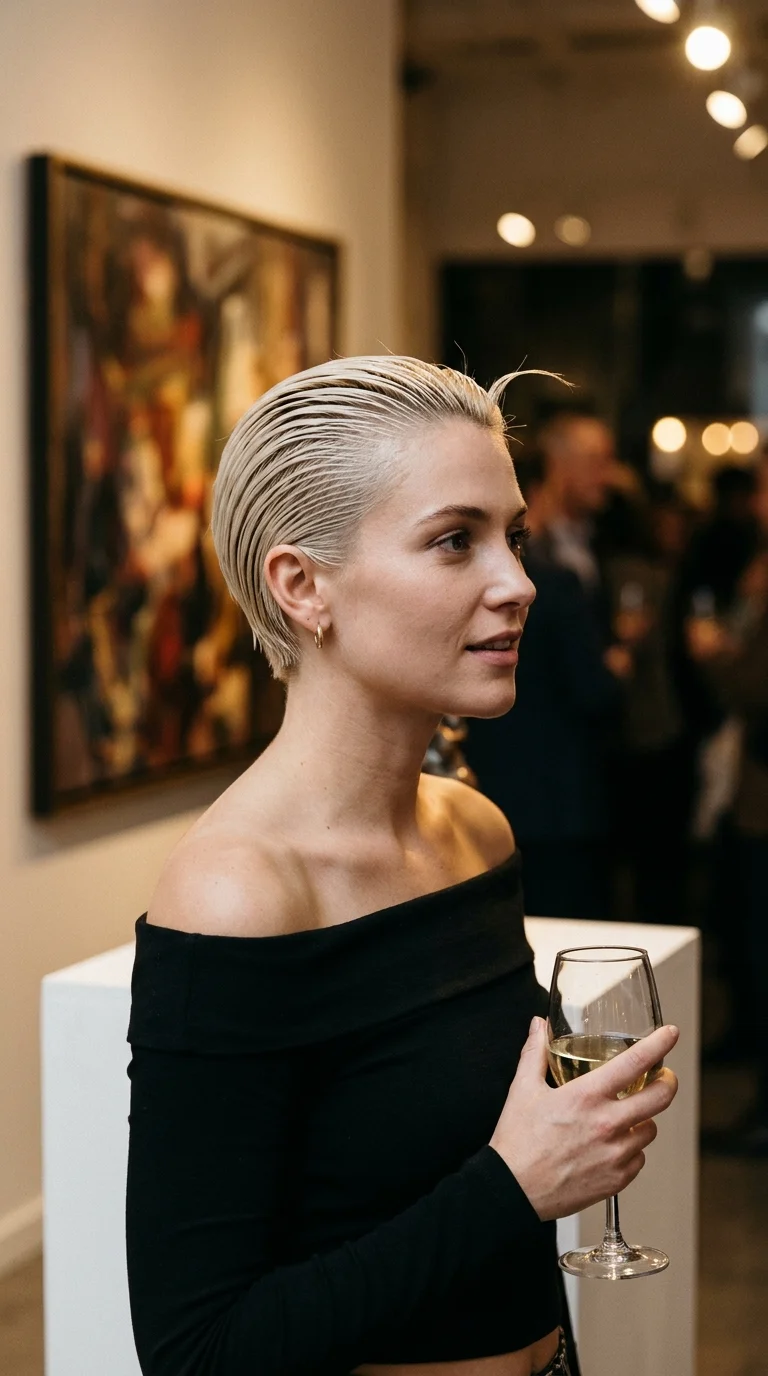 Three quarter front view of a platinum pixie slicked back with clear gel