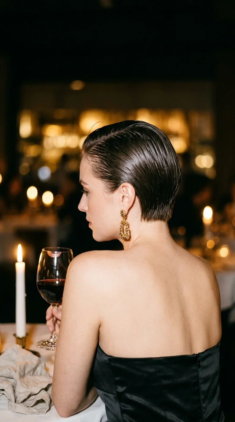 Three quarter view of a dark brown slicked back pixie at a candlelit dinner