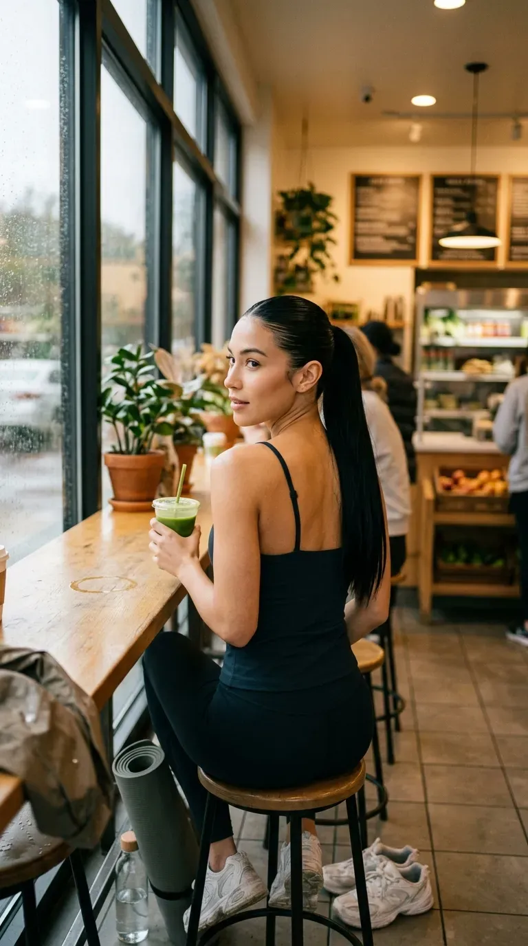 Over the shoulder view of a slicked back wet look ponytail at a juice bar
