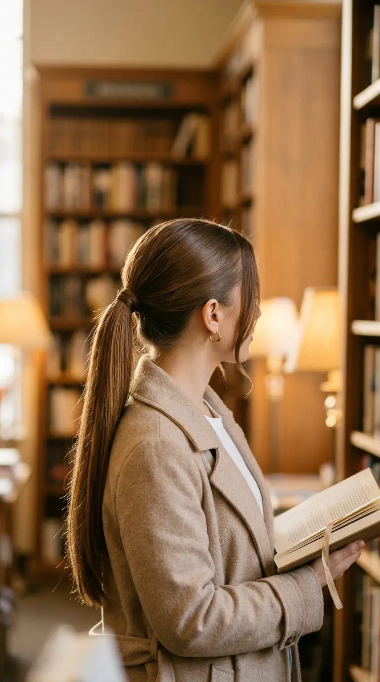 Three quarter back view of the top half of long straight light brown hair slicked into a small ponytail with the rest worn down