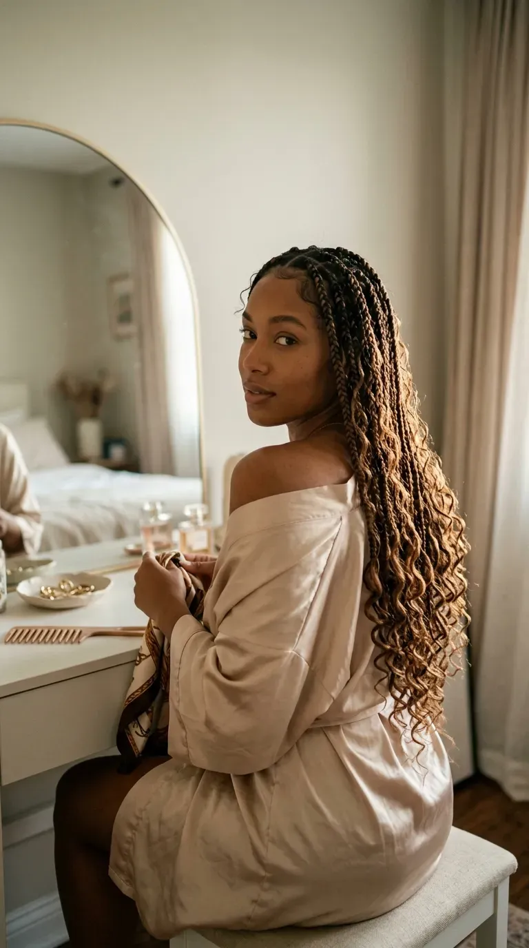 Side view of small boho knotless braids with fine curly ends on a lake dock