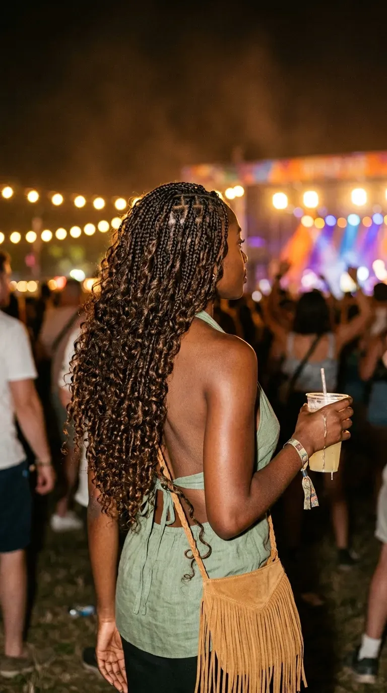 Small knotless braids packed with curls glowing under string lights at an outdoor concert