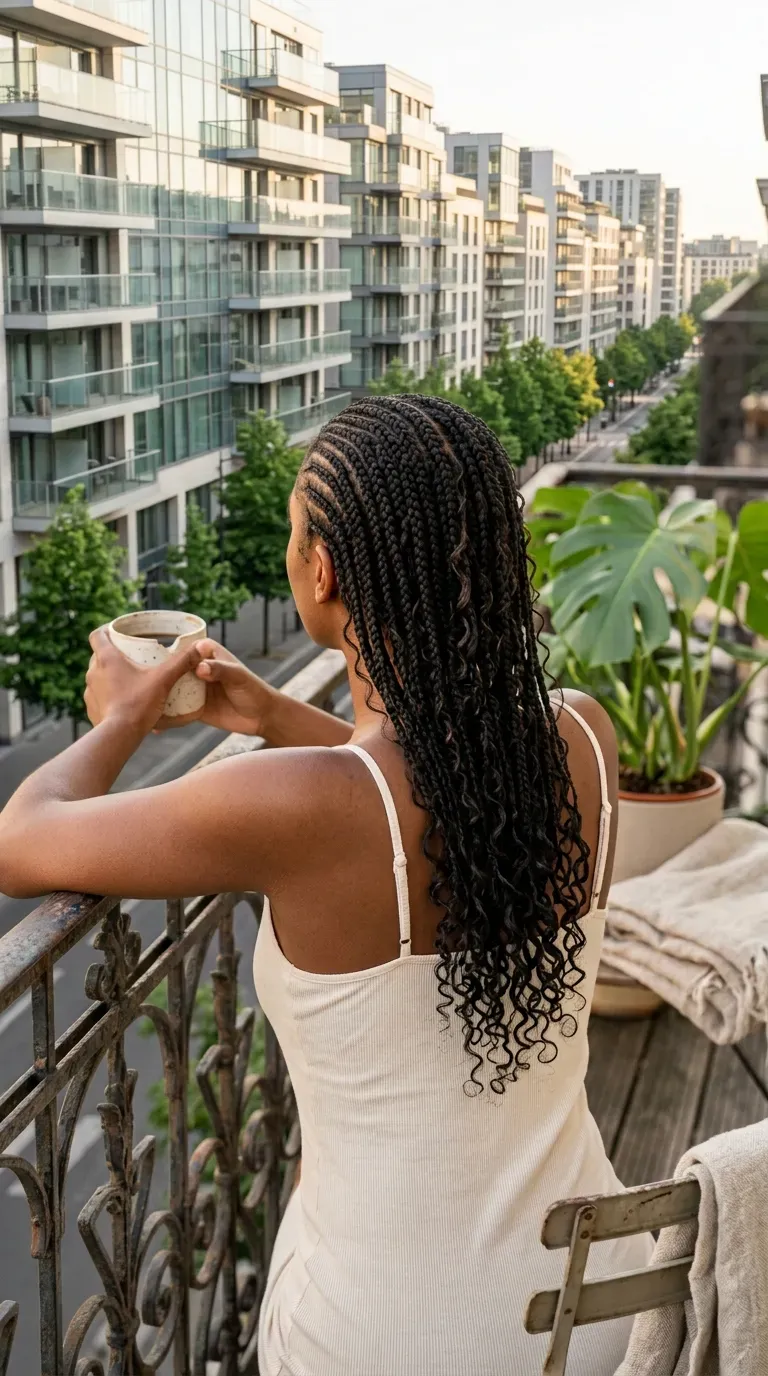 Small knotless goddess braids with flat roots and curls on an apartment balcony