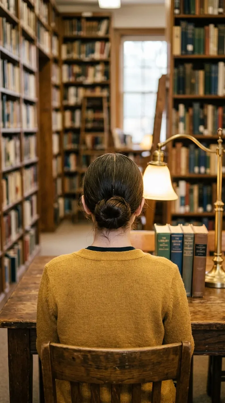 Smooth low bun with a center part for picture day in a library