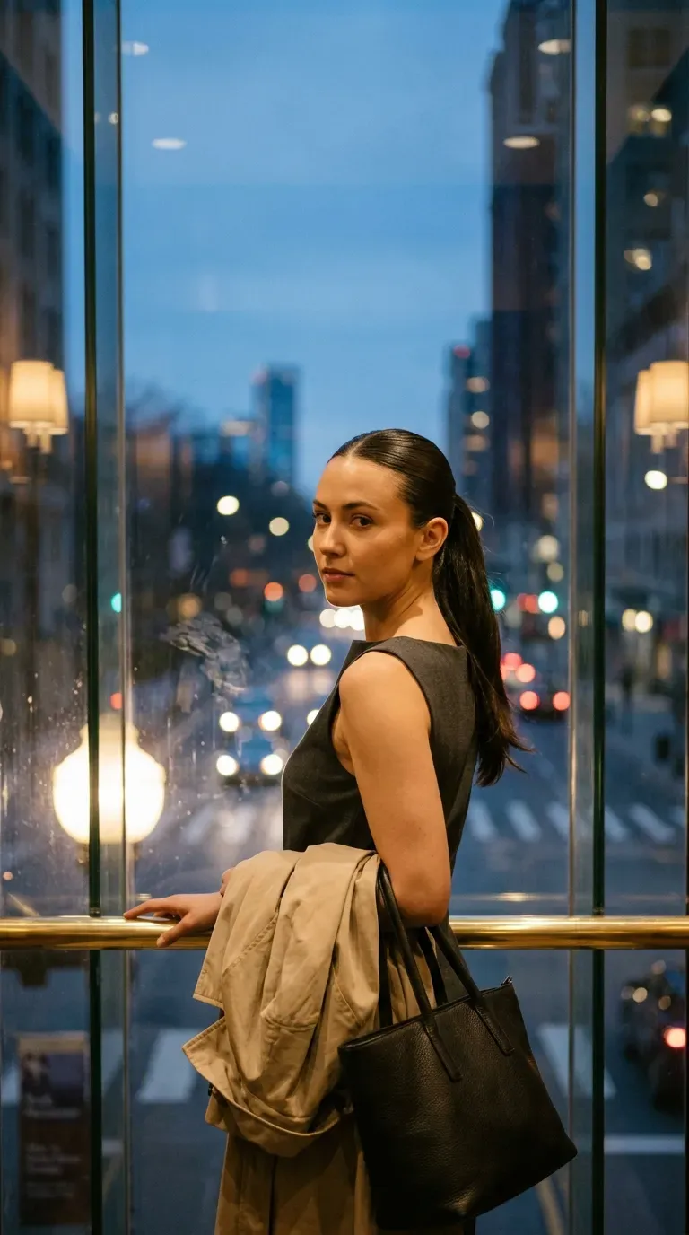 Over the shoulder look back at a smooth mid height ponytail