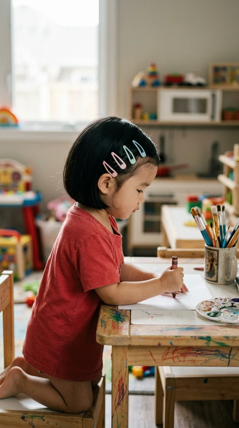 Side profile of a toddler with a row of snap barrettes while coloring