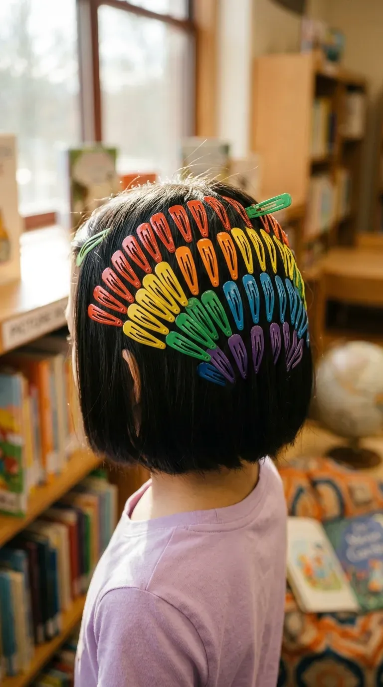 Short bob with rows of colorful snap clips arranged in rainbow order
