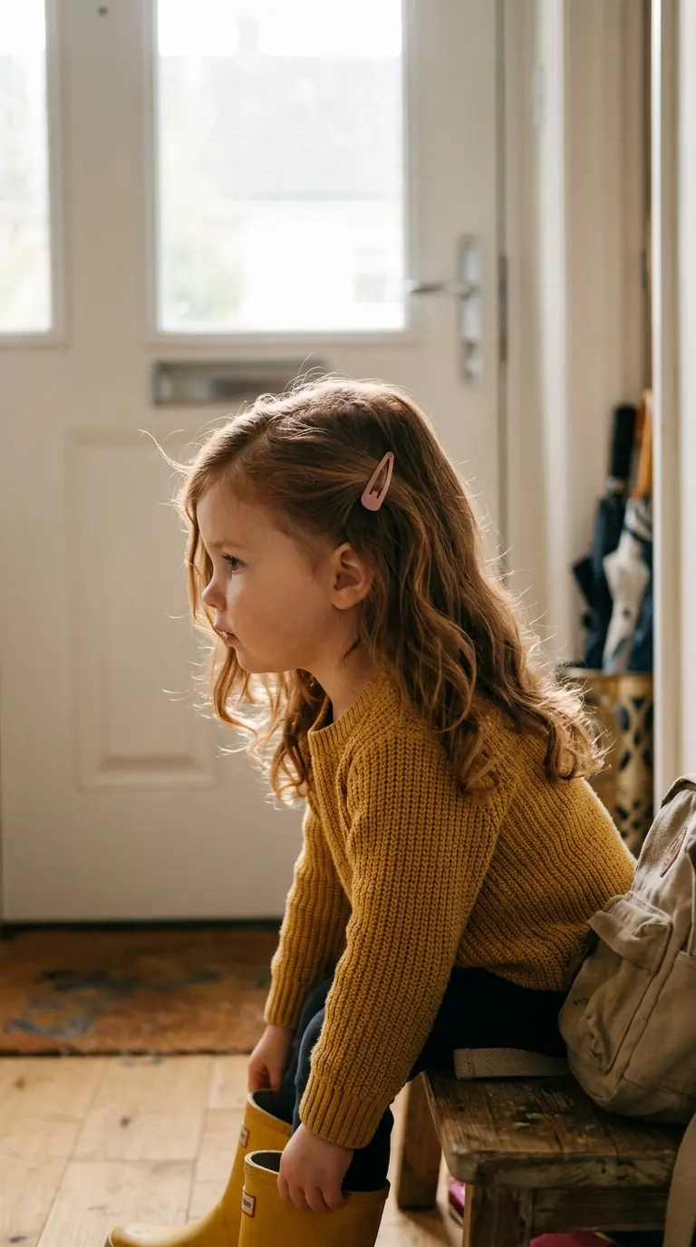 Side profile of a toddler with hair swept back in one snap clip