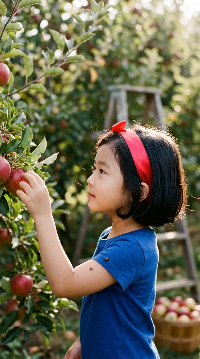Three quarter front view of a girl with a black curled bob and a red ribbon headband in an apple orchard