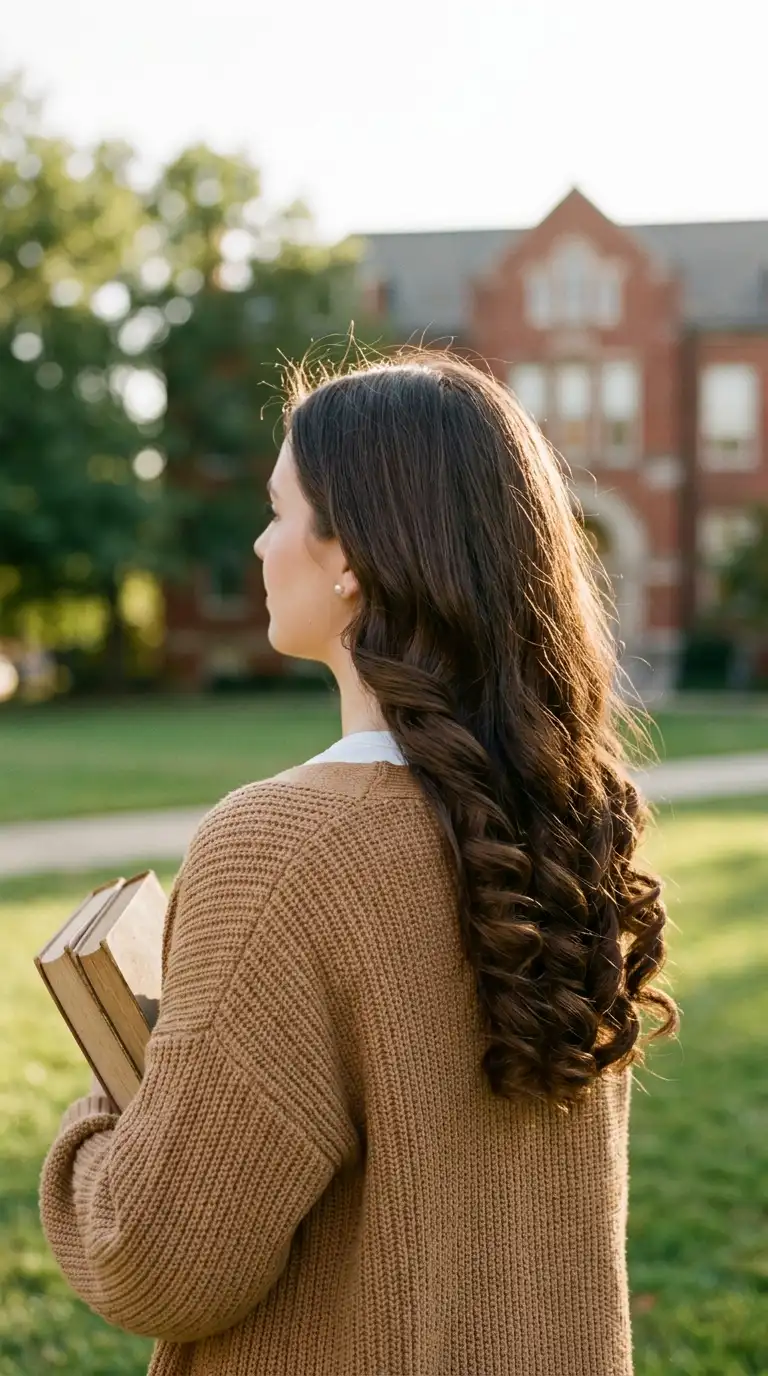 Back view of round heatless curls made with a sock bun on long dark chestnut hair