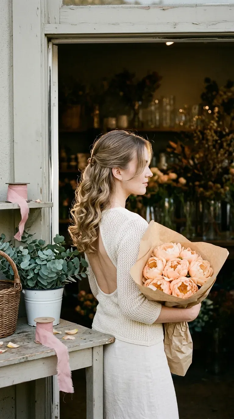 Side profile of soft barrel curls pinned behind one ear with a gold clip