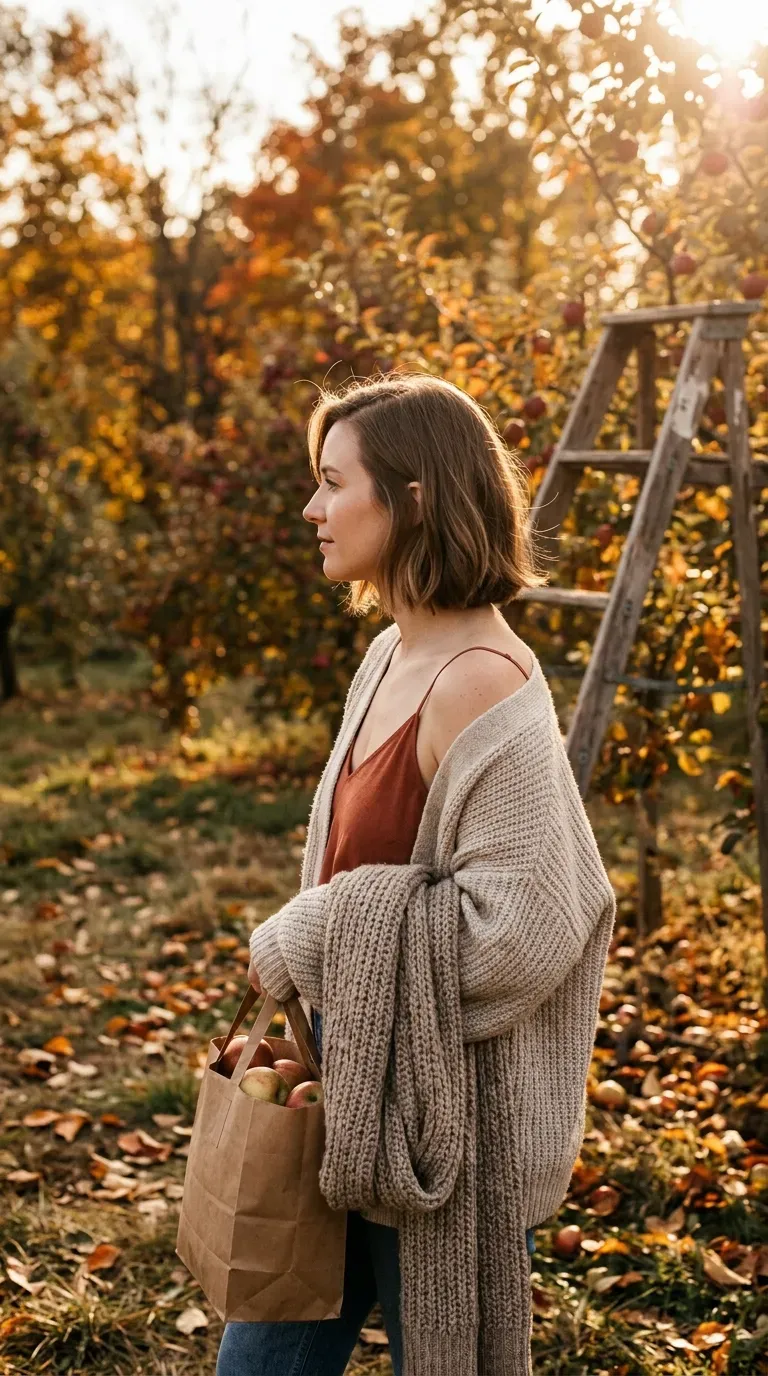 Side profile of a soft bob with a shorter nape in an apple orchard