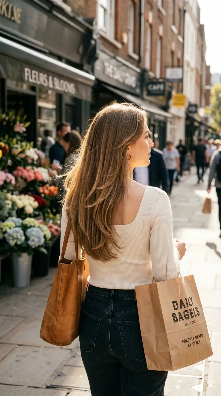 Light brown long hair with soft collarbone length butterfly layers on a morning sidewalk