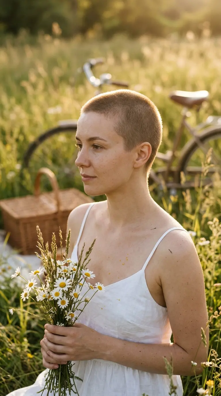 Three quarter front view of a light brown soft buzz cut on a woman
