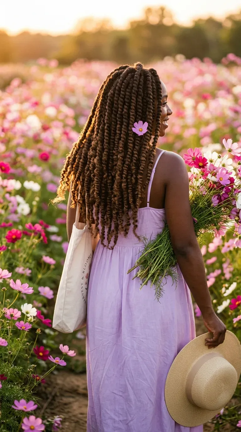Mid back goddess braids with larger, looser braids along the hairline in a bedroom