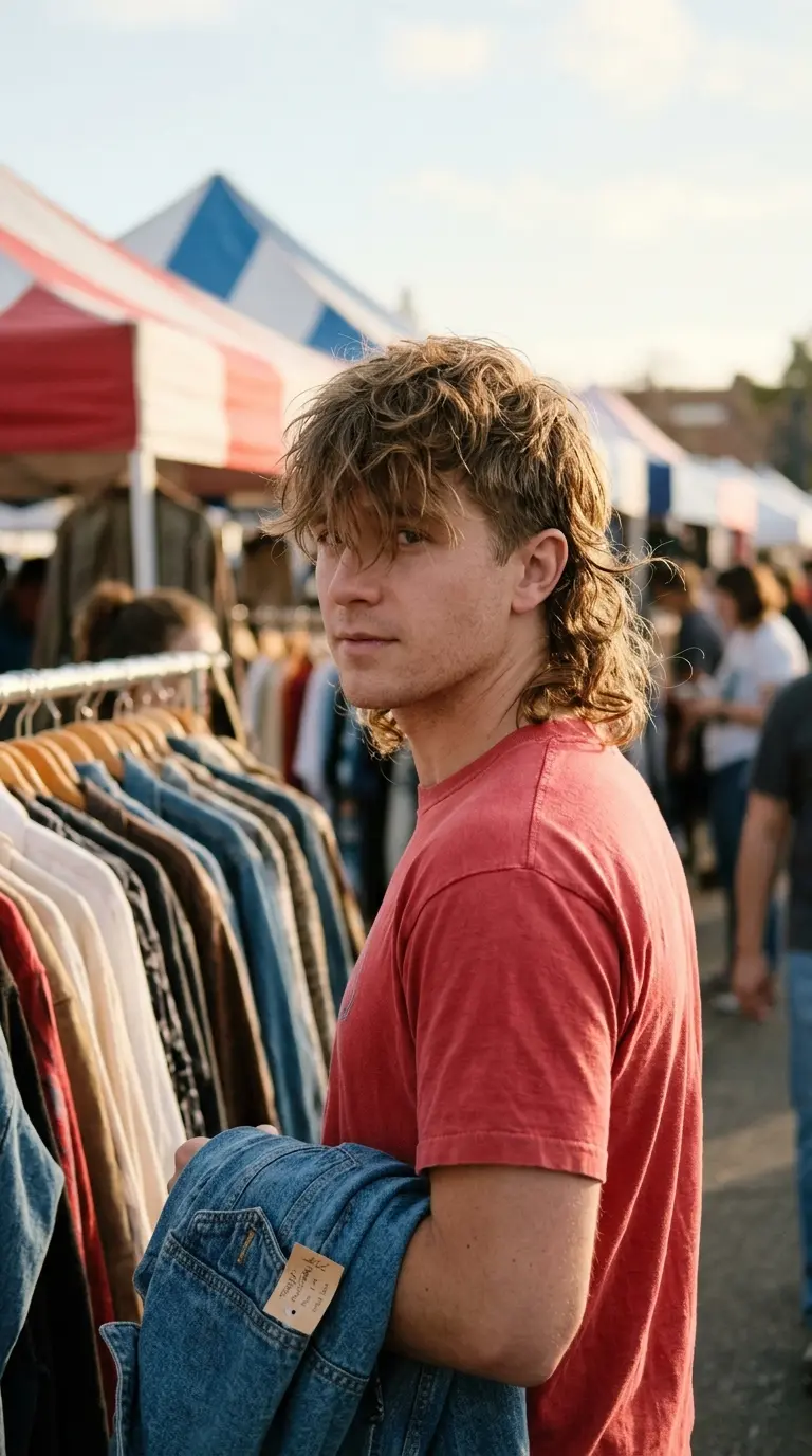 Over the shoulder view of a man with a soft grown out mullet and wavy back length