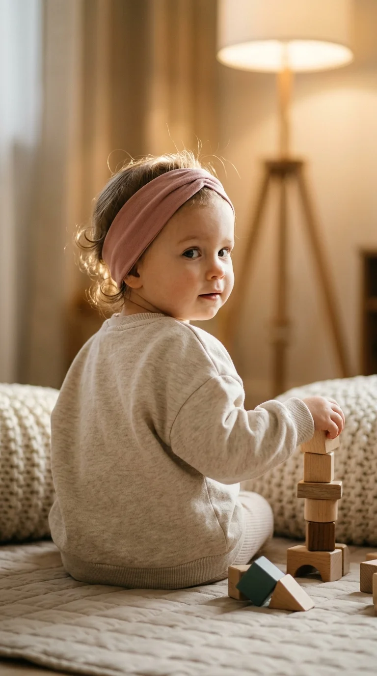Three quarter back view of a toddler wearing a soft headband while stacking blocks