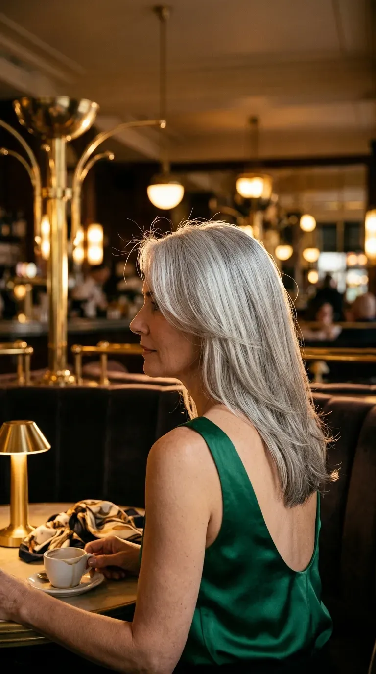 Side profile of soft silver layers at shoulder length in a velvet booth