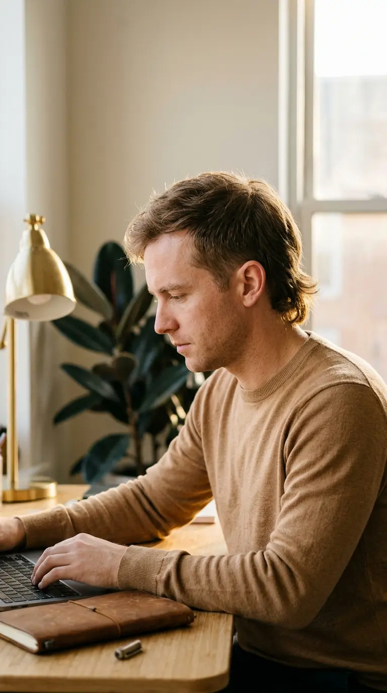 Three quarter front view of a soft modern mullet on a man at his desk
