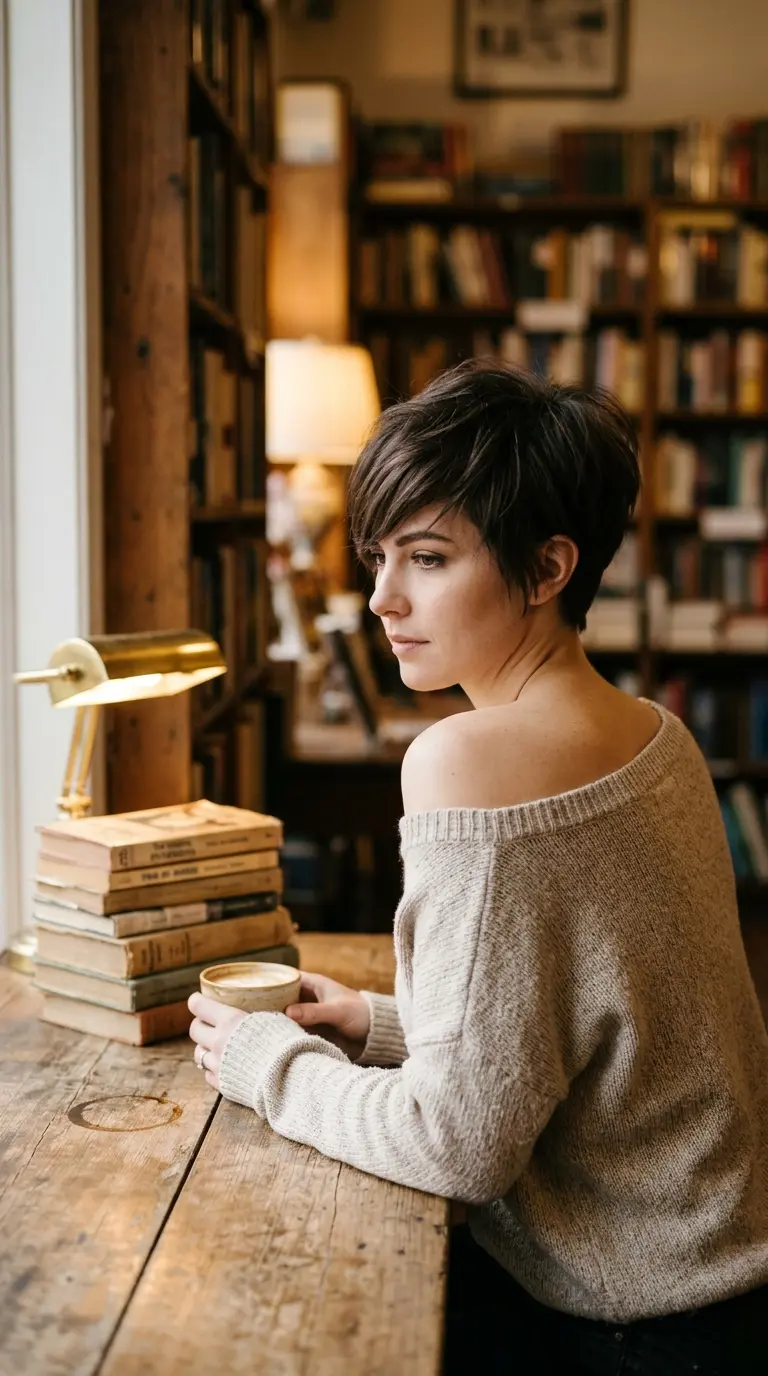Three quarter view of a dark brunette soft pixie cut with long side swept bangs
