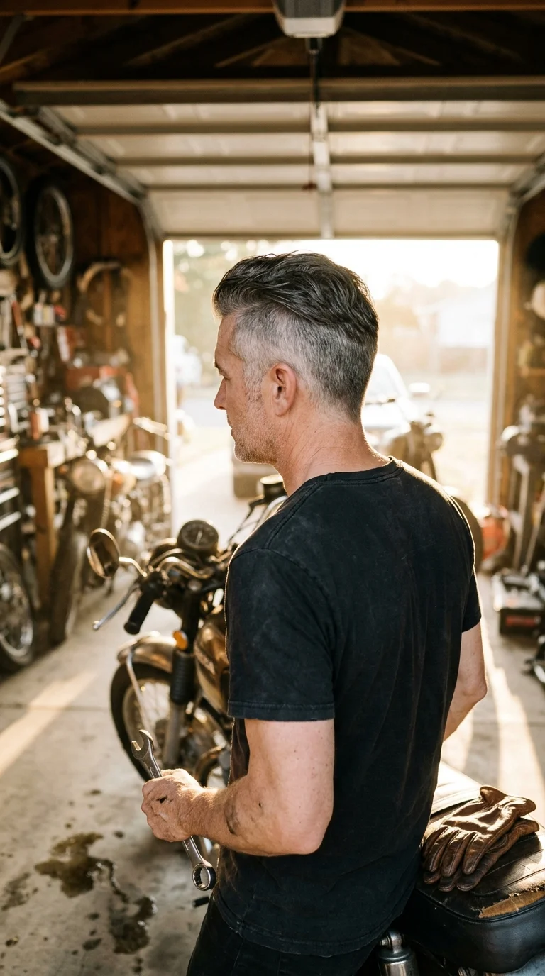 Three quarter back view of a soft salt and pepper undercut in a garage