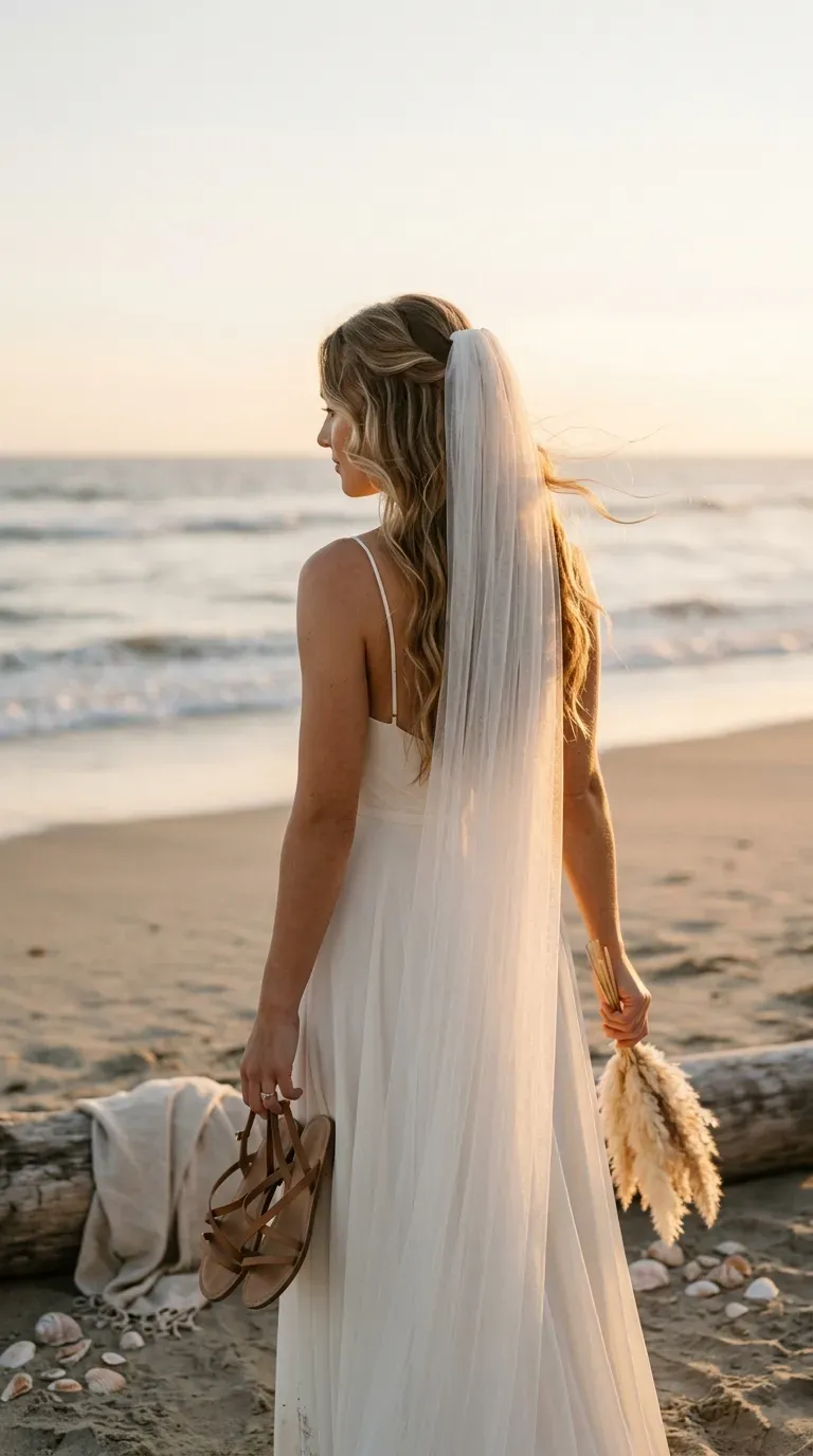 Three quarter back view of soft waves with a cathedral veil on a beach