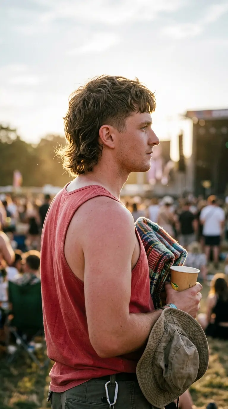 Side profile of a soft wavy mullet with tapered sides at a music festival