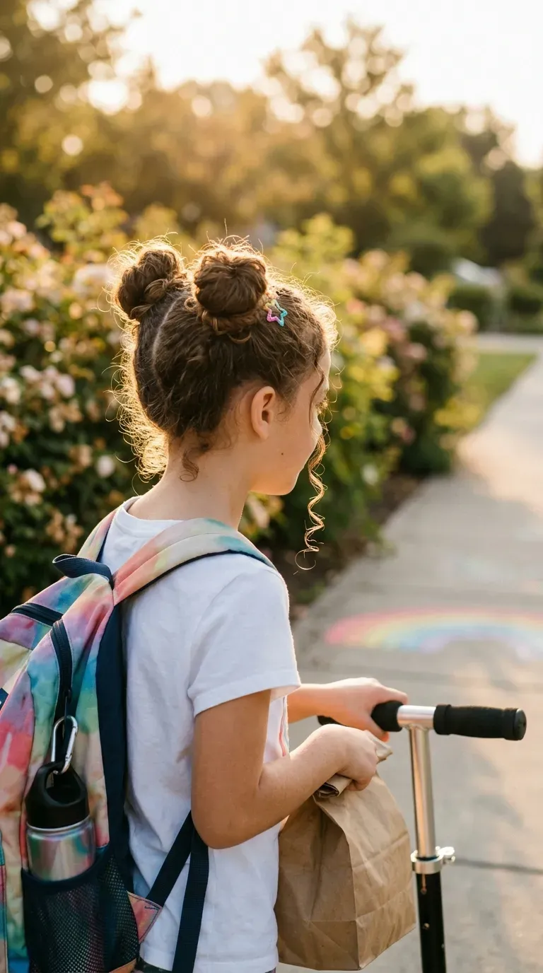 Side profile of space buns with star clips on a child walking