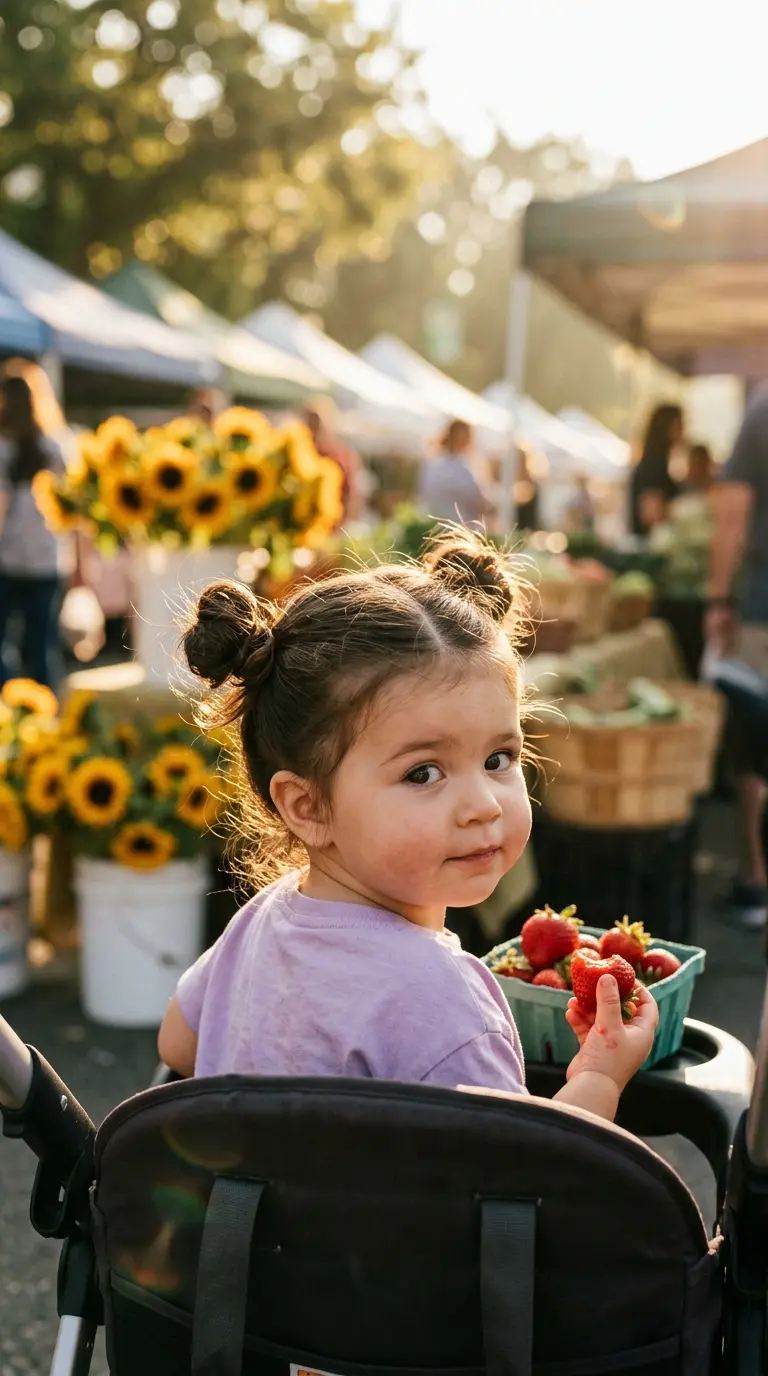 Over the shoulder view of a toddler with two space buns at a market