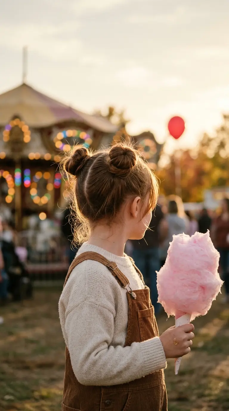 Three quarter back view of a girl with auburn space buns at a fall fair