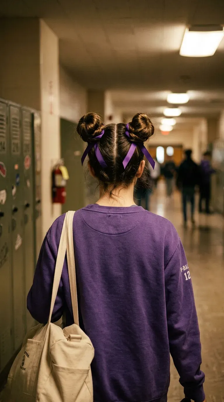 Two high space buns with ribbons on a volleyball player walking past lockers