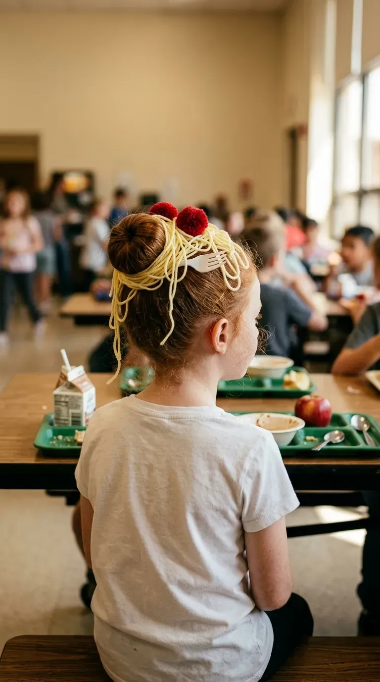 Round auburn bun topped with yellow yarn spaghetti and a plastic fork