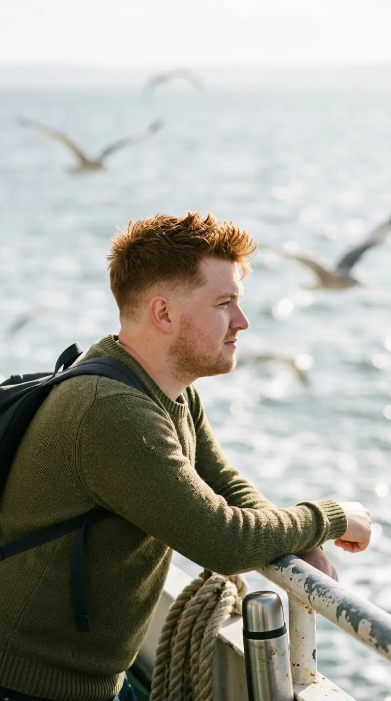 Side profile of a spiky textured crop with a drop fade on a ferry deck