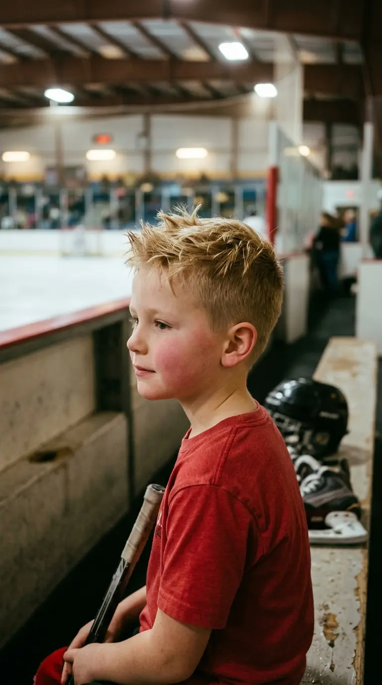 Three quarter front view of a boy with a spiky textured top