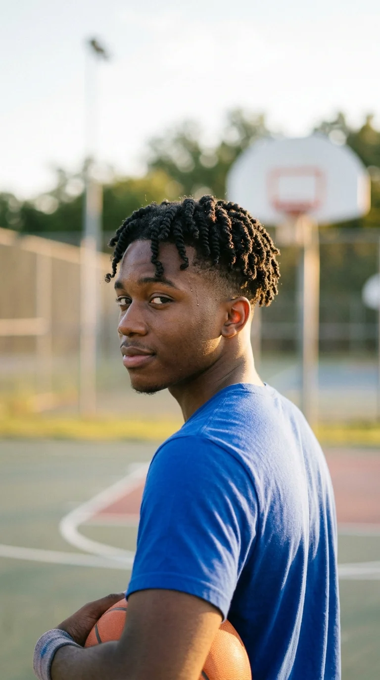 Over the shoulder view of a Black man with sponge twists on top and a low fade