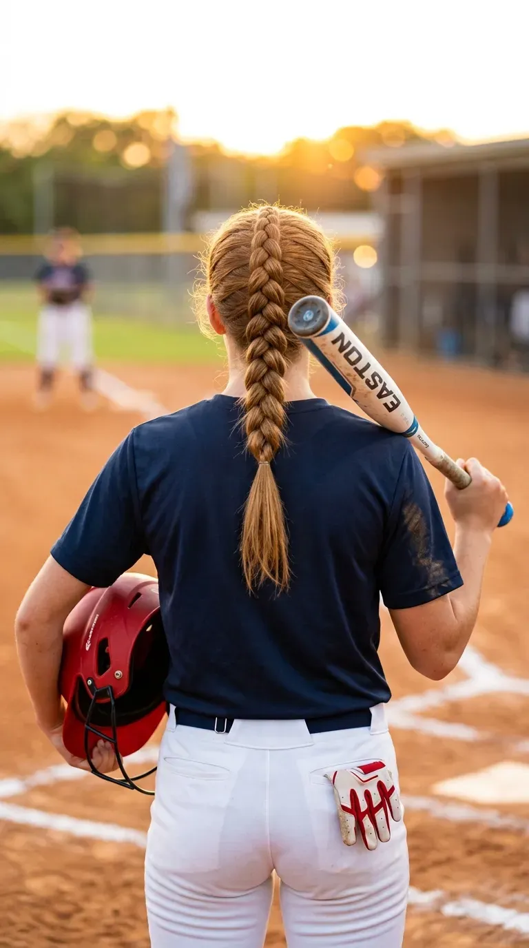 Sports day hairstyles for softball and volleyball shown as a low Dutch braided ponytail