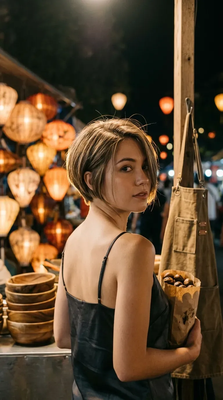 Over the shoulder view of a stacked back haircut with longer front pieces