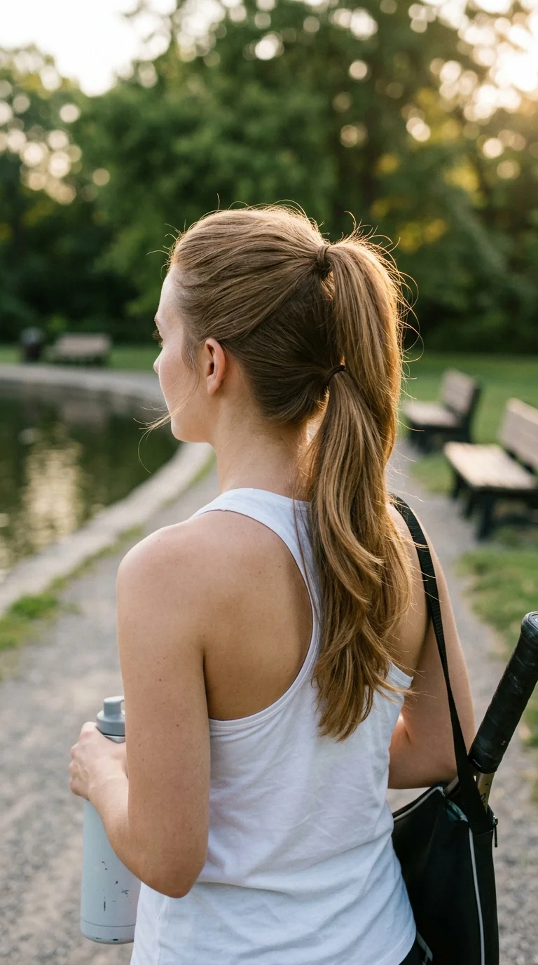 Three quarter back view of a honey brown stacked double ponytail in a park
