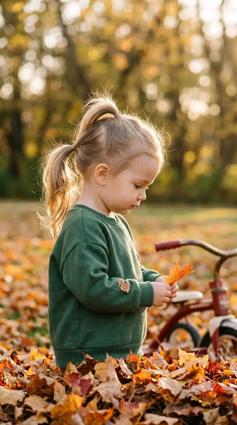 Three quarter front view of a toddler with a stacked double ponytail in autumn leaves