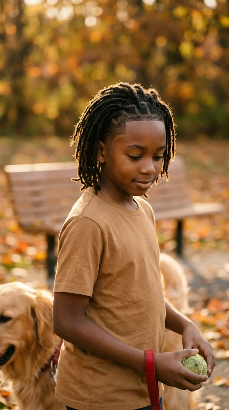 Three quarter view of a boy with chin length starter locs and a line up