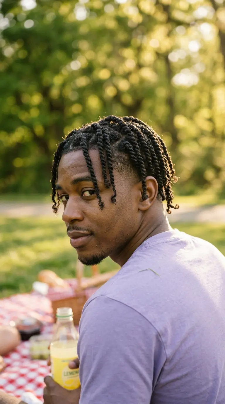 Three quarter view of a man with short starter locs and a clean line up