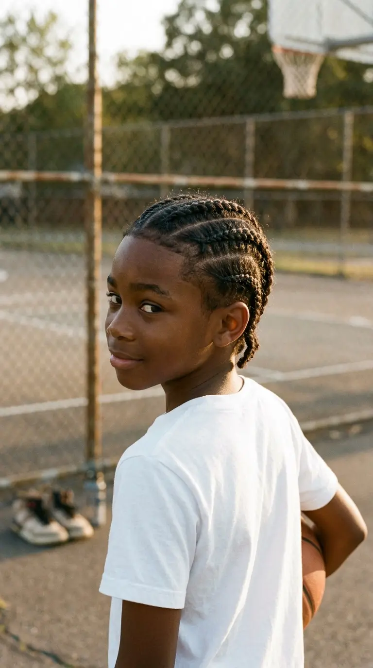 Over the shoulder view of a tween boy with stitch braid cornrows outdoors