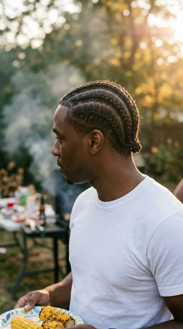 Side profile of a Black man with straight back cornrows and a clean neckline