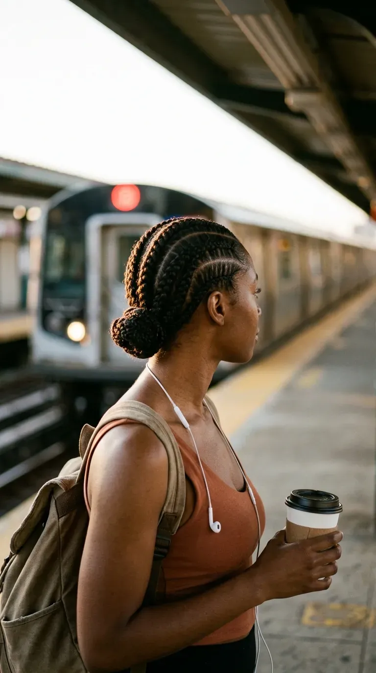 Three quarter view of straight back cornrows ending in a low bun on a platform