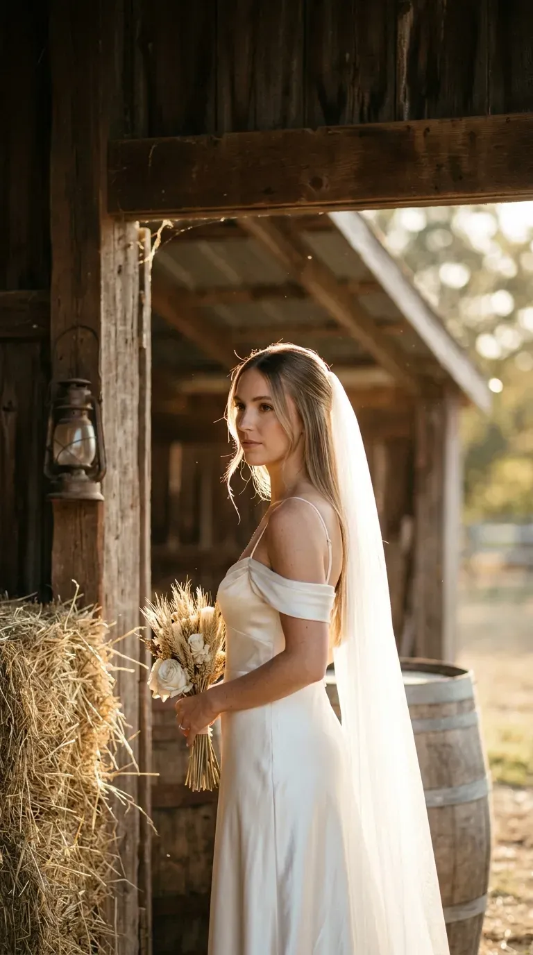 Three quarter front side view of straight hair down with a cathedral veil