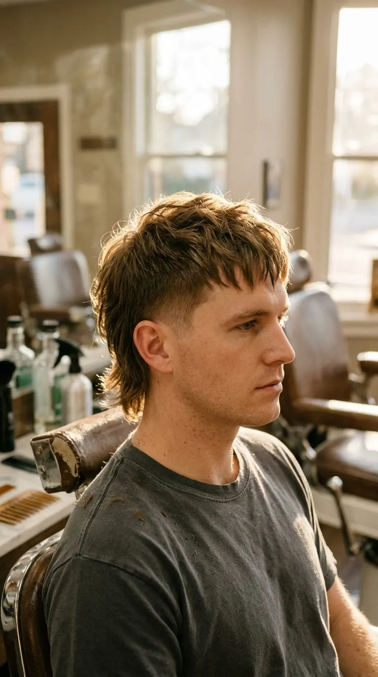 Three quarter view of a textured straight hair mullet in a barbershop