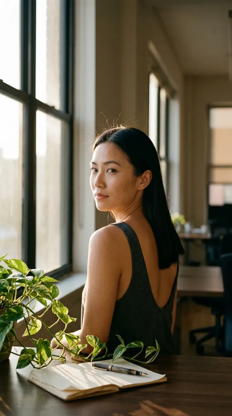 Over the shoulder look at straight hair with a middle part tucked behind ears