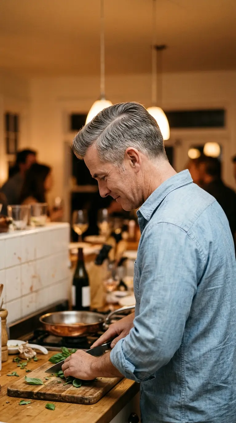 Side profile of a side swept grey taper with a thin hard part