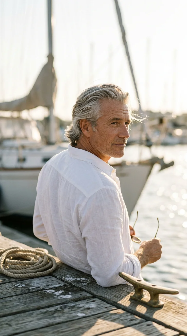 Over the shoulder view of swept back medium length silver hair on a dock