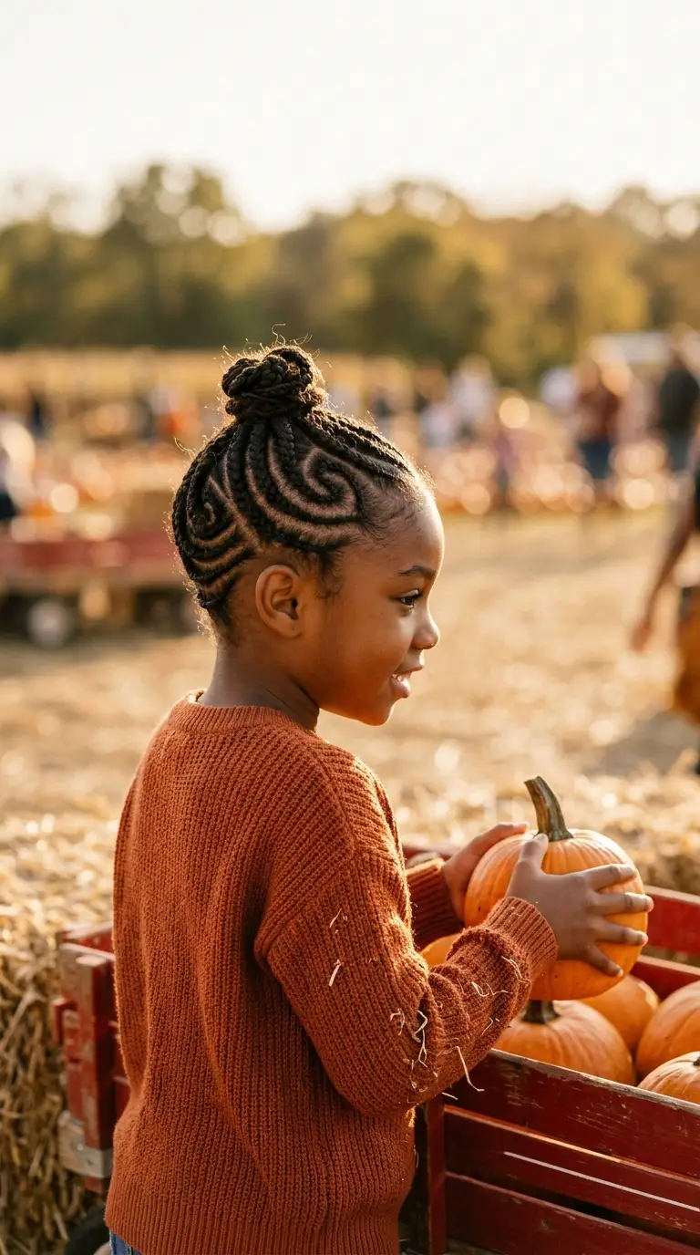 Three quarter front view of a girl with swirl cornrows circling a crown bun